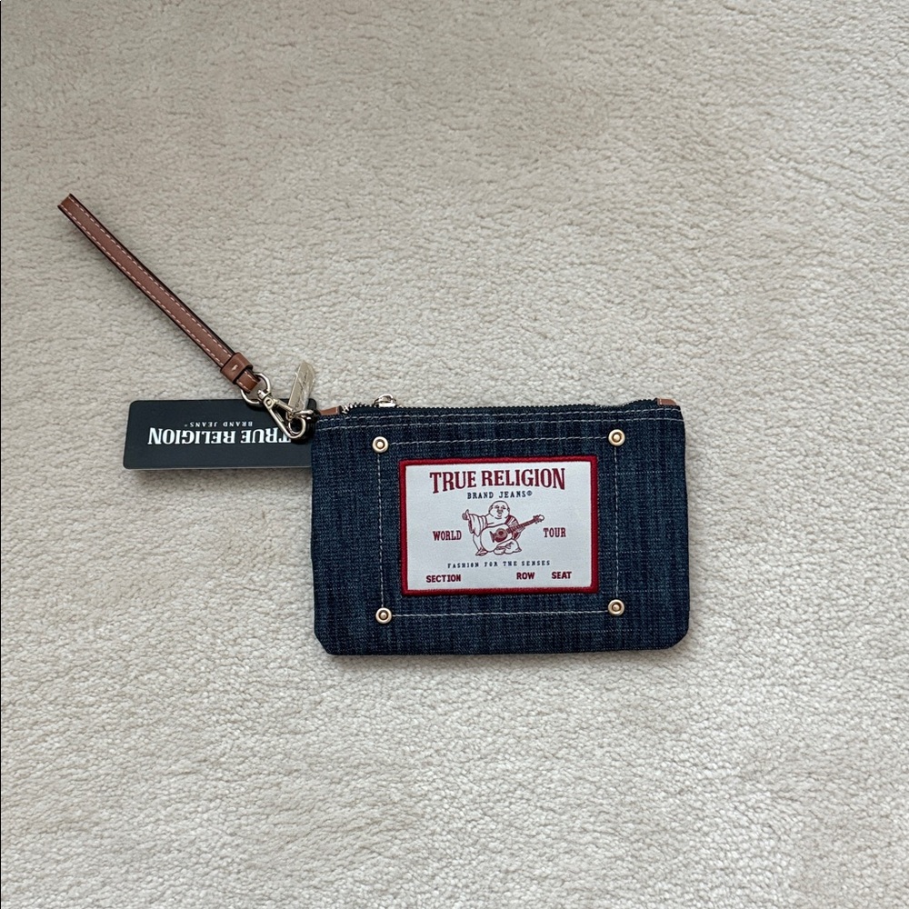 True Religion Blue Denim Wristlet with Brown Strap